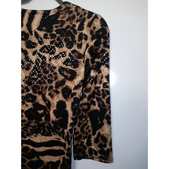 Womens Pullover Top Leopard print Sz L Embellished V Neck Daniel Laurent Stretch - Picture 6 of 8